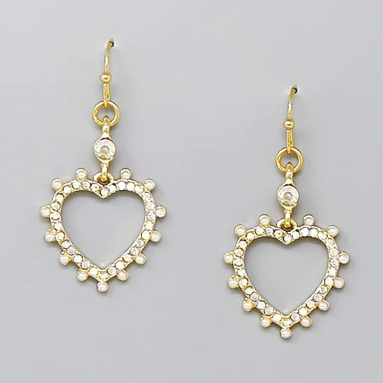 Heart Glass Stone And Pearl Pave Dangle Earrings