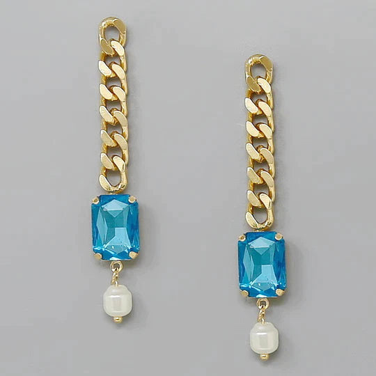 Emerald Cut Stone Chain Drop Statement Earrings