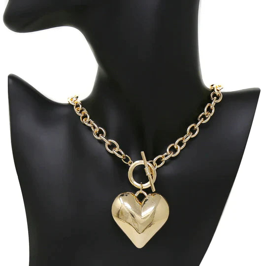 Puffed Heart Pendant Toggle Chain Necklace